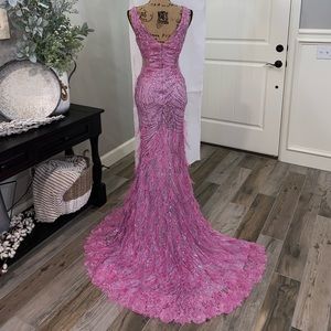 Prom dress, pink, long, fitted with flare and train, sequins beading,feathers